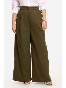 Virgio - Women Olive Cotton Solid Flared Fit Pant