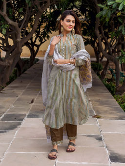 Missprint - Olive Green Striped Printed And Embroidered Suit Set