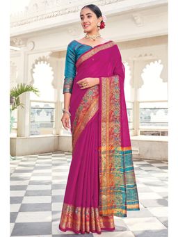 Sangam Prints - Magenta Khadi Silk Woven Work Traditional Saree with Unstitched Blouse