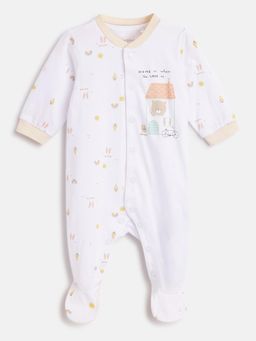 Chicco - Infants White Printed Front Opening Babysuit