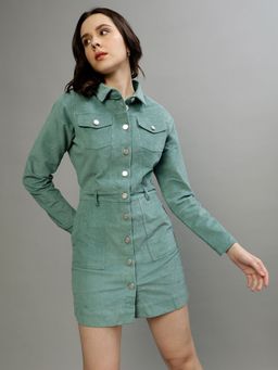 ELLE - Women Solid Collar Full Sleeves Dress