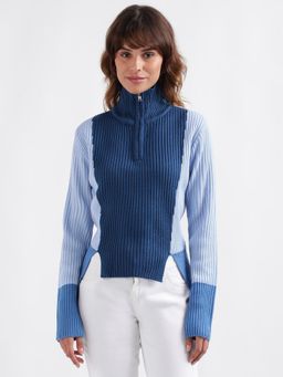 Iconics - Women Colour Blocked Full Sleeves High Neck Sweater