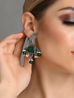 Fida - Ethnic Silver Plated Emerald Beaded Drop Earring for Women