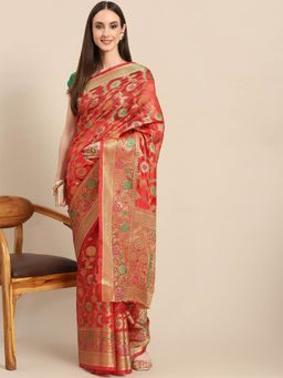 Odette - Red Woven Organza Saree with Unstitched Blouse