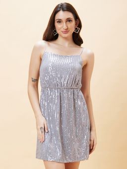 Globus - Women Silver Sequined Embellished Strappy Party A Line Dress