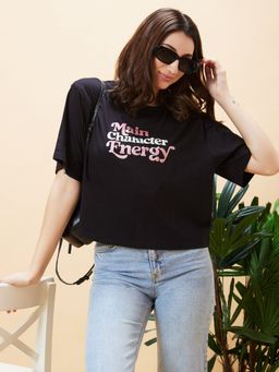Globus - Women Black Typography Print Round Neck Boxy Fit Casual Crop T Shirt