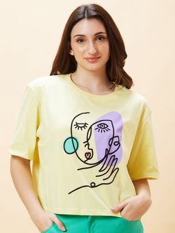 Globus - Women Yellow Graphic Print Round Neck Boxy Fit Casual Crop T Shirt