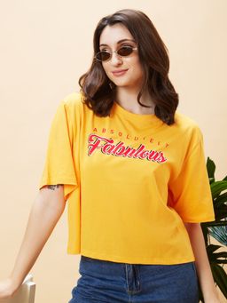 Globus - Women Yellow Typography Print Round Neck Boxy Fit Casual Crop T Shirt