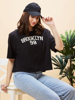Globus - Women Black Typography Print Round Neck Boxy Fit Casual Crop T Shirt