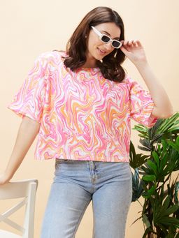 Globus - Women Multicolour Marble Print Round Neck Boxy Fit Casual Crop T Shirt