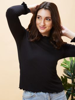 Globus - Women Black Long Sleeve Ribbed Lettuce Edge High Neck Top