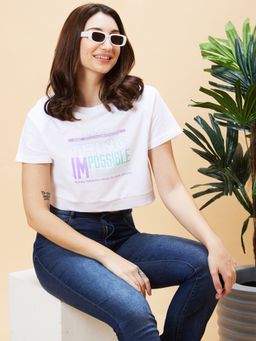 Globus - Women Off White Typography Print Round Neck Crop Top