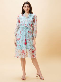 Globus - Women Green Floral Print V Neck Georgette Tie Up A Line Midi Dress