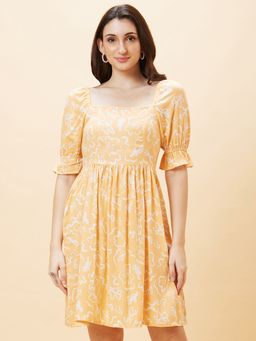 Globus - Women Peach Floral Print Square Neck A Line Dress