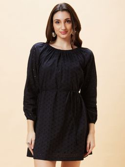 Globus - Women Black Schiffli Self Design Round Neck Waist Tie Up A Line Dress