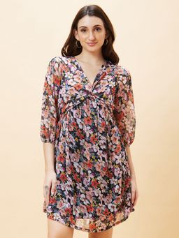 Globus - Women Multicolour Floral Print Twist V Neck Fit And Flare Dress
