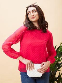 Globus - Women Pink Self Design Round Neck Ruffled Top