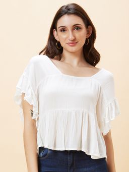 Globus - Women White Solid Square Neck Flared Sleeves Top