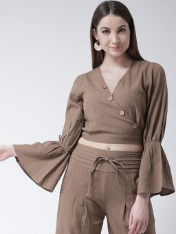 KASSUALLY - Brown Wrap Buttoned Tie Up Crop Top