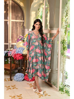 Mahee Jaipur - Pine Green Floral Print with Gota Patti Work Kaftan Dress