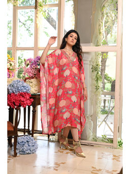 Mahee Jaipur - Punch Pink Floral Print with Gota Patti Work Kaftan Dress