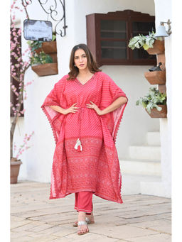 Mahee Jaipur - Red Bandhani & Leheriya Mirror Work Kaftan with Pants (Set of 2)