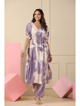 Mahee Jaipur - Purple Floral Print Kaftan and Pant (Set of 2)