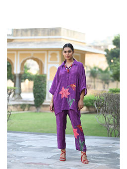 Mahee Jaipur - Purple Floral Print Placement Pure Crepe Co-Ord (Set of 2)
