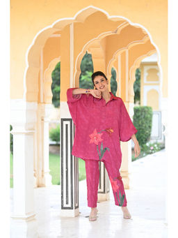 Mahee Jaipur - Pink Floral Print Placement Pure Crepe Co-Ord (Set of 2)