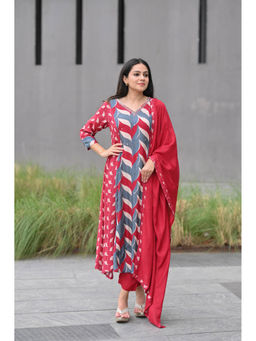 Mahee Jaipur - Red and Grey Waves Anarkali Kurta with Pant and Dupatta (Set of 3)