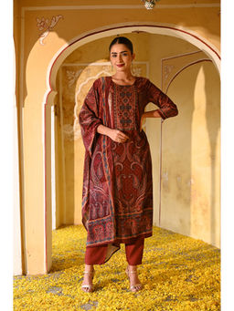 Mahee Jaipur - Brown Paisley Velvet Kuta with Pant and Dupatta (Set of 3)