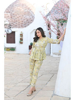 Mahee Jaipur - Green Floral Print Belted Co-Ord (Set of 3)