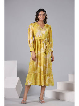 Mahee Jaipur - Sassy Yellow Muslin Summer Midi Dress and Belt (Set of 2)