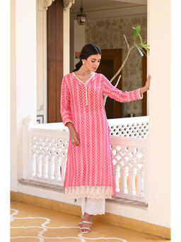 Mahee Jaipur - Pink Striped Sequence Pearl and Lace Kurta with Schiffli Pants (Set of 2)