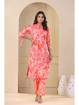 Mahee Jaipur - Pink and Orange Abstract Print Kurta with Pant (Set of 2)