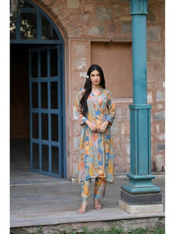 Mahee Jaipur - Pure Crepe Yellow and Blue Panel Print Blazer Style Kurta with Pant (Set of 2)