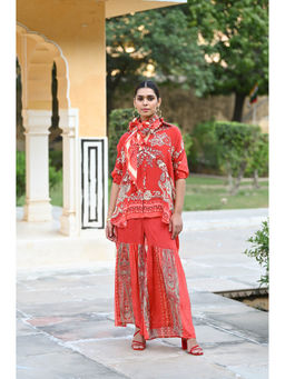 Mahee Jaipur - Red Festoon Kurti with Sharara and Dupatta (Set of 3)