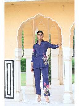 Mahee Jaipur - Navy Blue Floral Placement Pure Crepe Co-Ord (Set of 2)