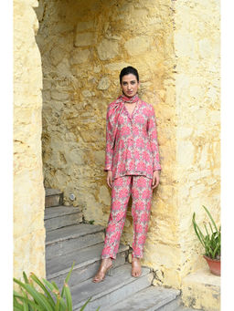 Mahee Jaipur - Pink and Orange Ikat Print Muslin Mirror Work Co-Ord (Set of 2)