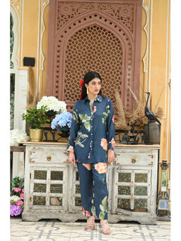 Mahee Jaipur - Navy Blue Brush Floral Print Co-Ord (Set of 2)