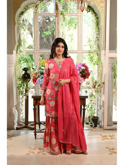 Mahee Jaipur - Pink Spread Work and Scalloped Border Kurta with Sharara and Dupatta (Set of 3)