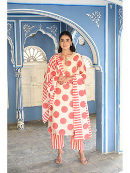 Mahee Jaipur - Cream and Red Polka Dot Chanderi Kurta with Pant and Dupatta (Set of 3)