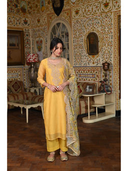 Mahee Jaipur - Yellow Zubeida Chanderi Kurta with Pant and Dupatta (Set of 3)