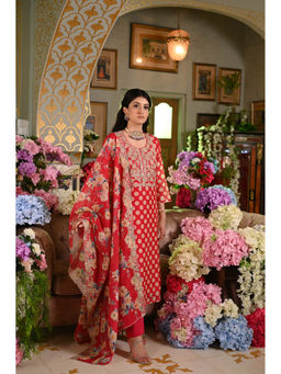 Mahee Jaipur - Reddish Pink Polka Dot Chanderi Kurta with Pant and Dupatta (Set of 3)