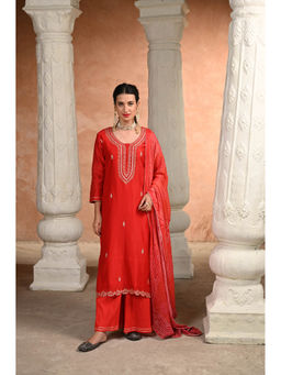 Mahee Jaipur - Red Shagun Pure Chanderi Kurta with Palazzo and Bandhani Dupatta (Set of 3)