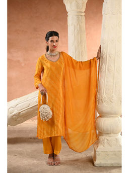 Mahee Jaipur - Yellow Bandhani Pure Crepe Kurta with Pant and Dupatta (Set of 3)