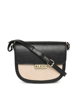 KLEIO - Jute Canvas Pu Leather Crossbody Side Sling Bag for Women Girls (Ho8038Kl-Bl) (Black)