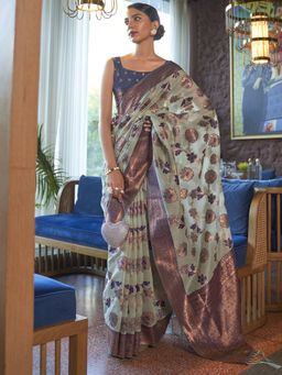 Akhilam - Womens Organza Turquoise Woven Designer Saree with Unstitched Blouse