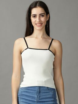 SHOWOFF - Womens Shoulder Straps Fitted Solid Cream Crop Top