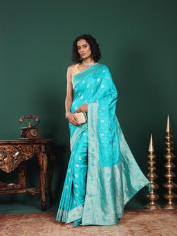 MEENA BAZAAR - Woven Art Silk Blue Saree Without Blouse